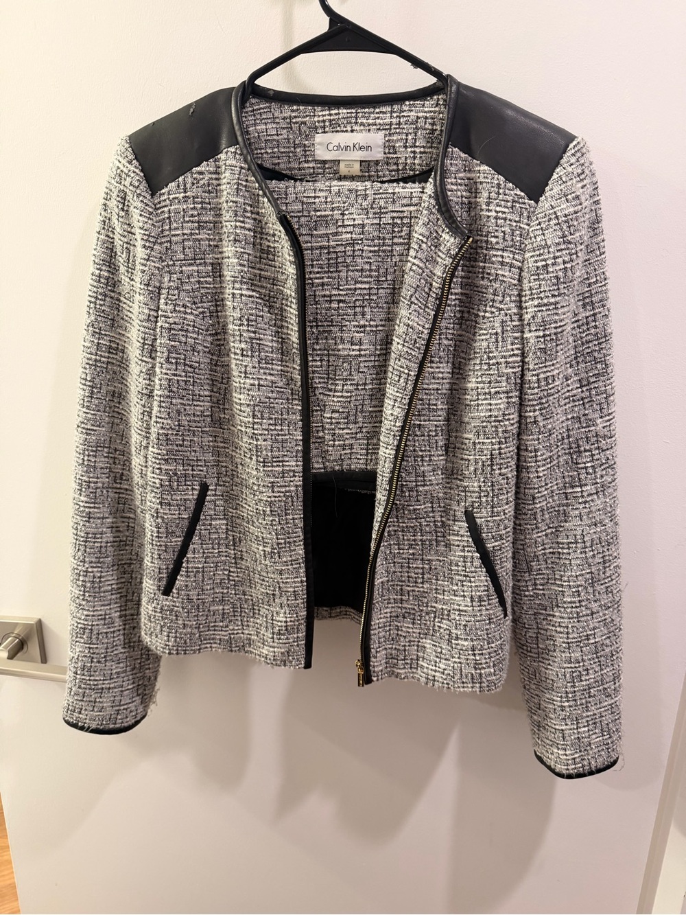Calvin Klein Black & White Tweed Zip Jacket with Faux Leather Trim
